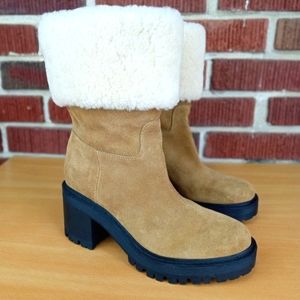 NWT Marc Fisher Ltd. 'Willoe' Shearling Lined Cuffed Ankle Boot in Tan Suede
